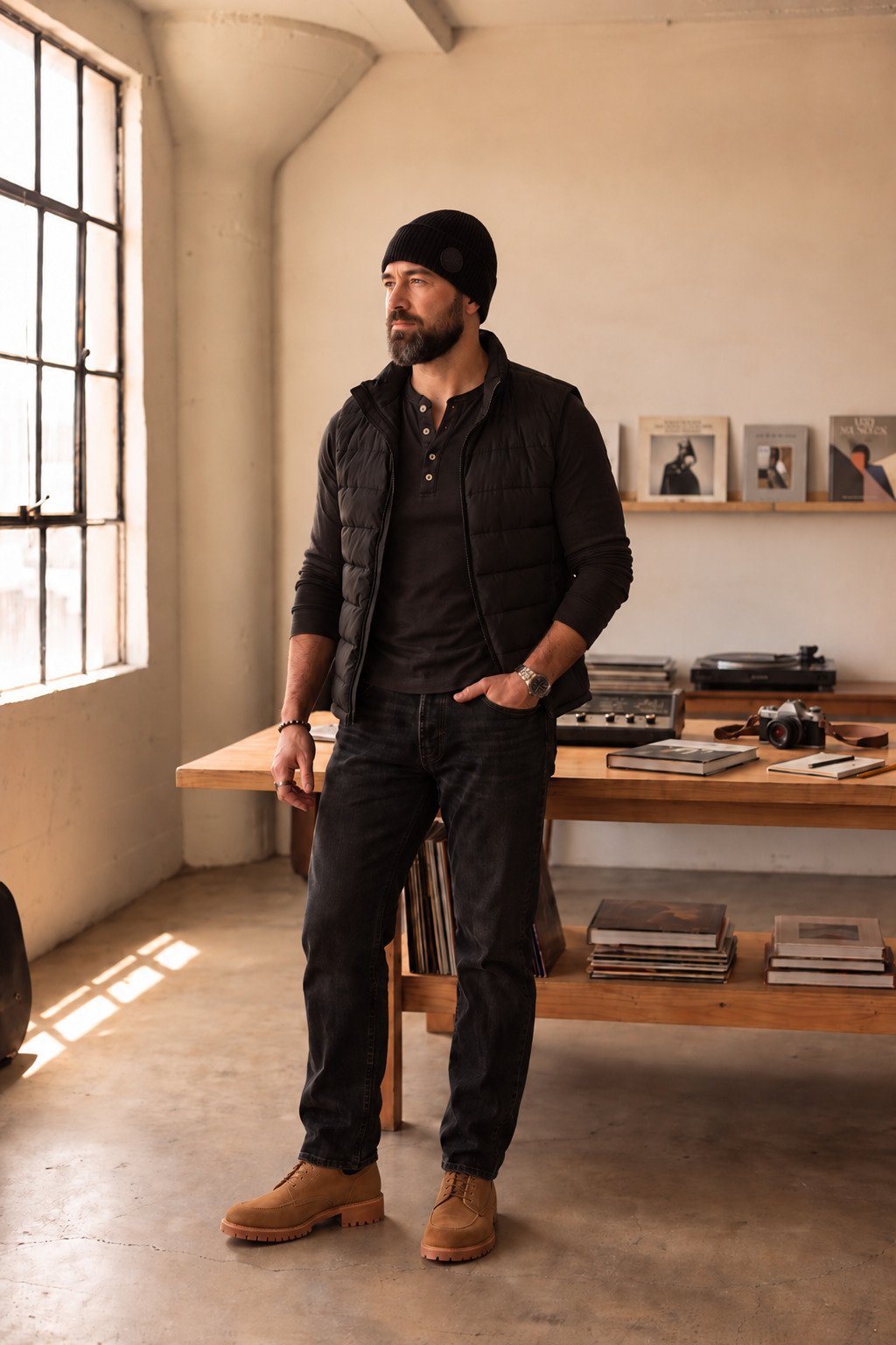 D-SAVVY, co-founder and creative director of Barlungo Studio, standing beside a long wooden worktable in a sunlit loft, window light from the left, a turntable, a camera and art books on the table behind him.