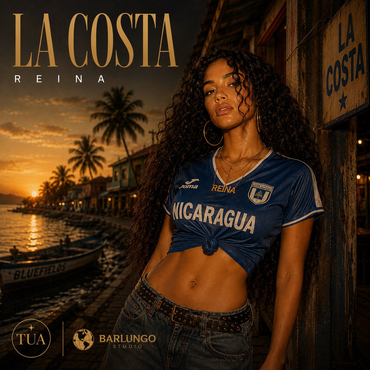 Cover artwork for La Costa by Reina: Reina leaning against a wooden wall at sunset in a Nicaragua football shirt, boats and the Bluefields waterfront behind her. Titled LA COSTA · REINA.