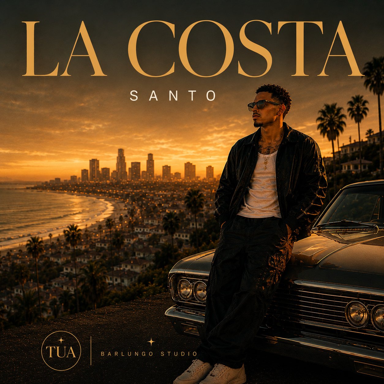 Cover artwork for La Costa by Santo: Santo leaning against a classic car above a palm-lined coast at sunset. Titled LA COSTA · SANTO.