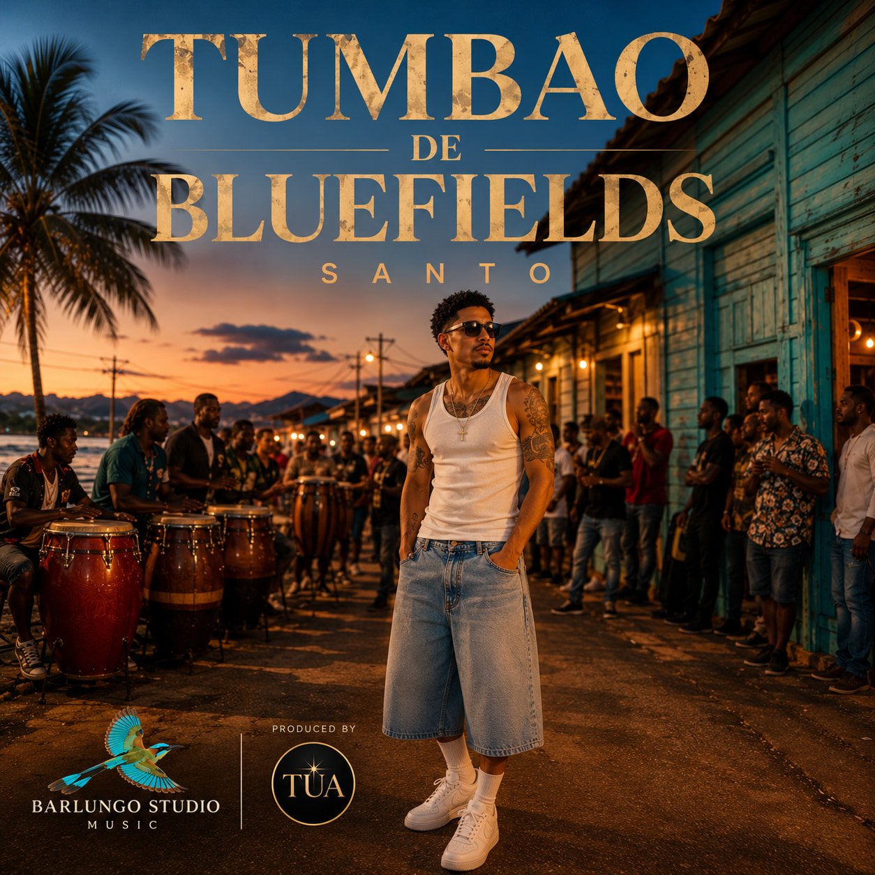 Cover artwork for Tumbao de Bluefields by Santo: Santo standing in the middle of a waterfront street at sunset, hands in his pockets, a line of conga players to one side and a crowd along a turquoise clapboard wall to the other, with a palm and the sun going down over the sea behind them. Titled TUMBAO DE BLUEFIELDS · SANTO, with a guardabarranco and BARLUNGO STUDIO MUSIC at the foot beside PRODUCED BY TUA.