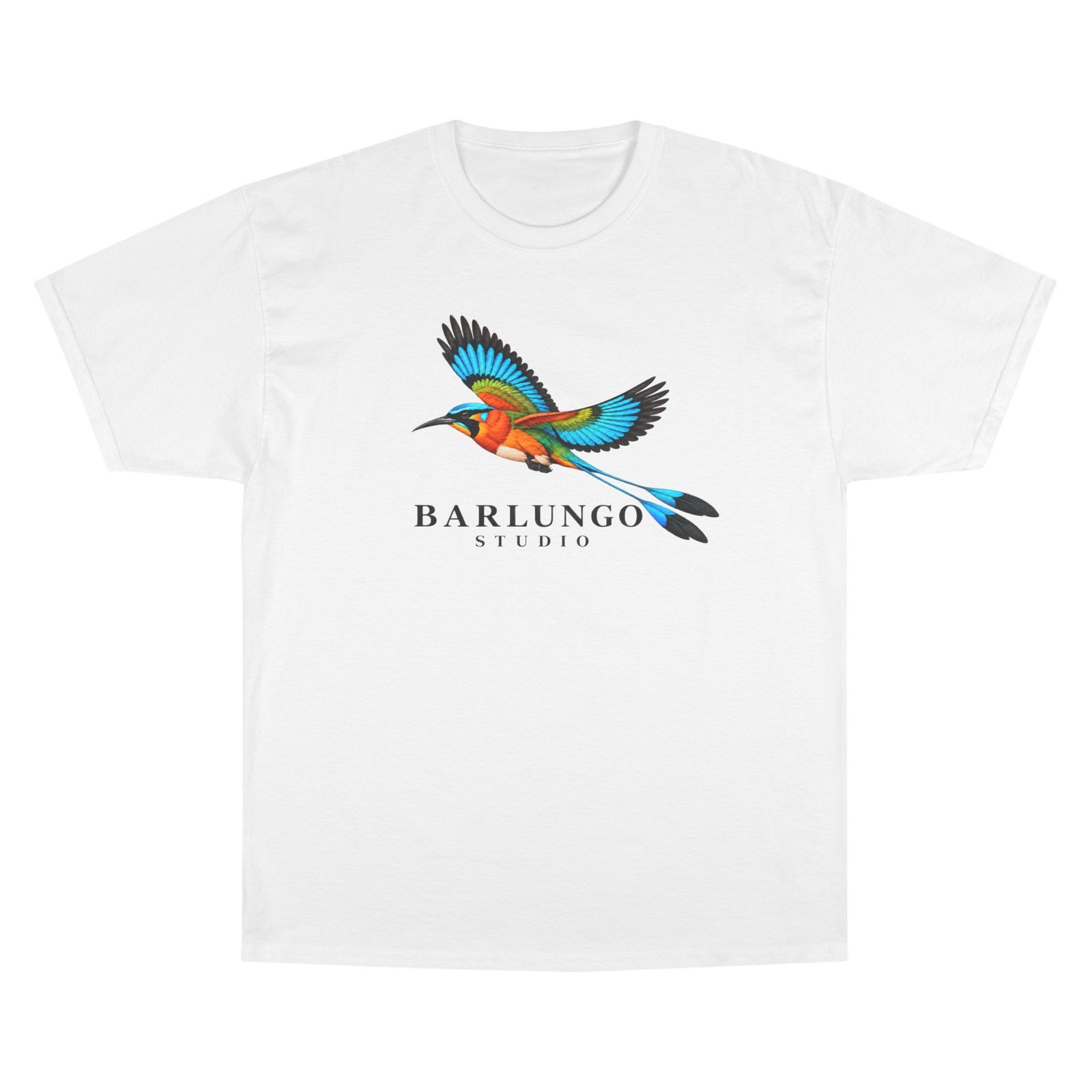 A white Champion t-shirt with the Barlungo Studio guardabarranco printed across the chest, shown flat against white.