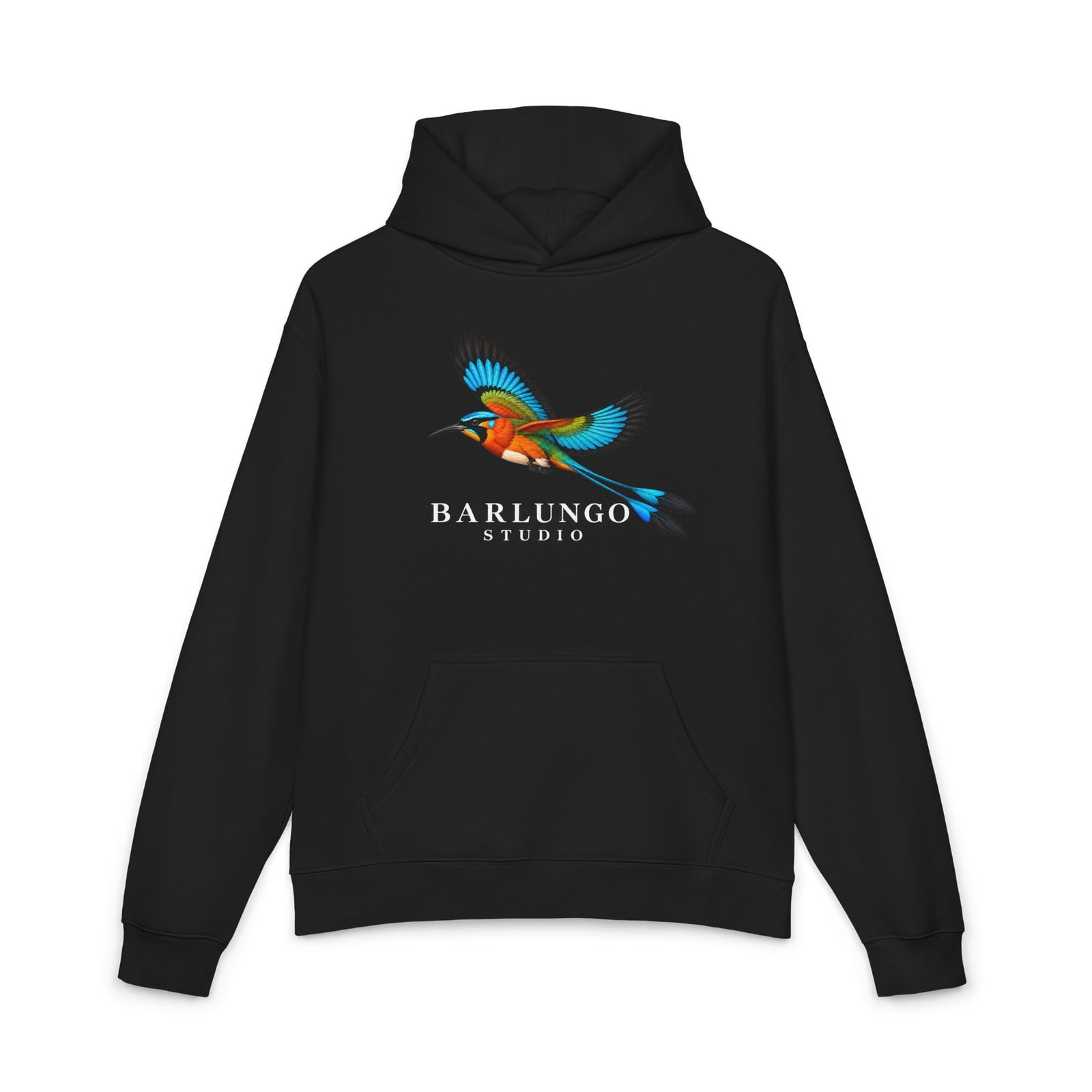 A black relaxed-fit hoodie with the Barlungo Studio guardabarranco printed across the chest, shown flat against white.