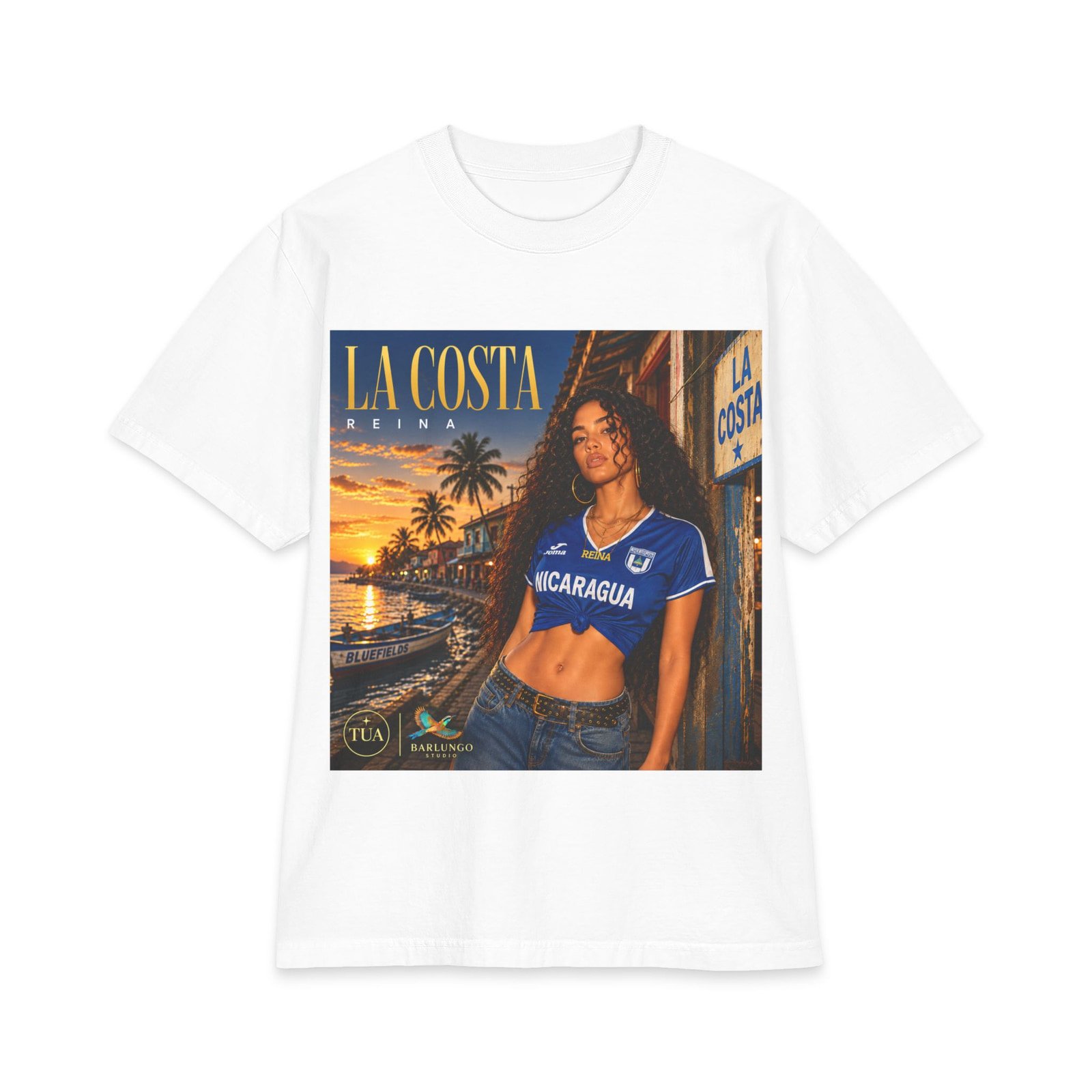A white heavyweight t-shirt printed with the LA COSTA cover artwork for REINA, shown flat against white.