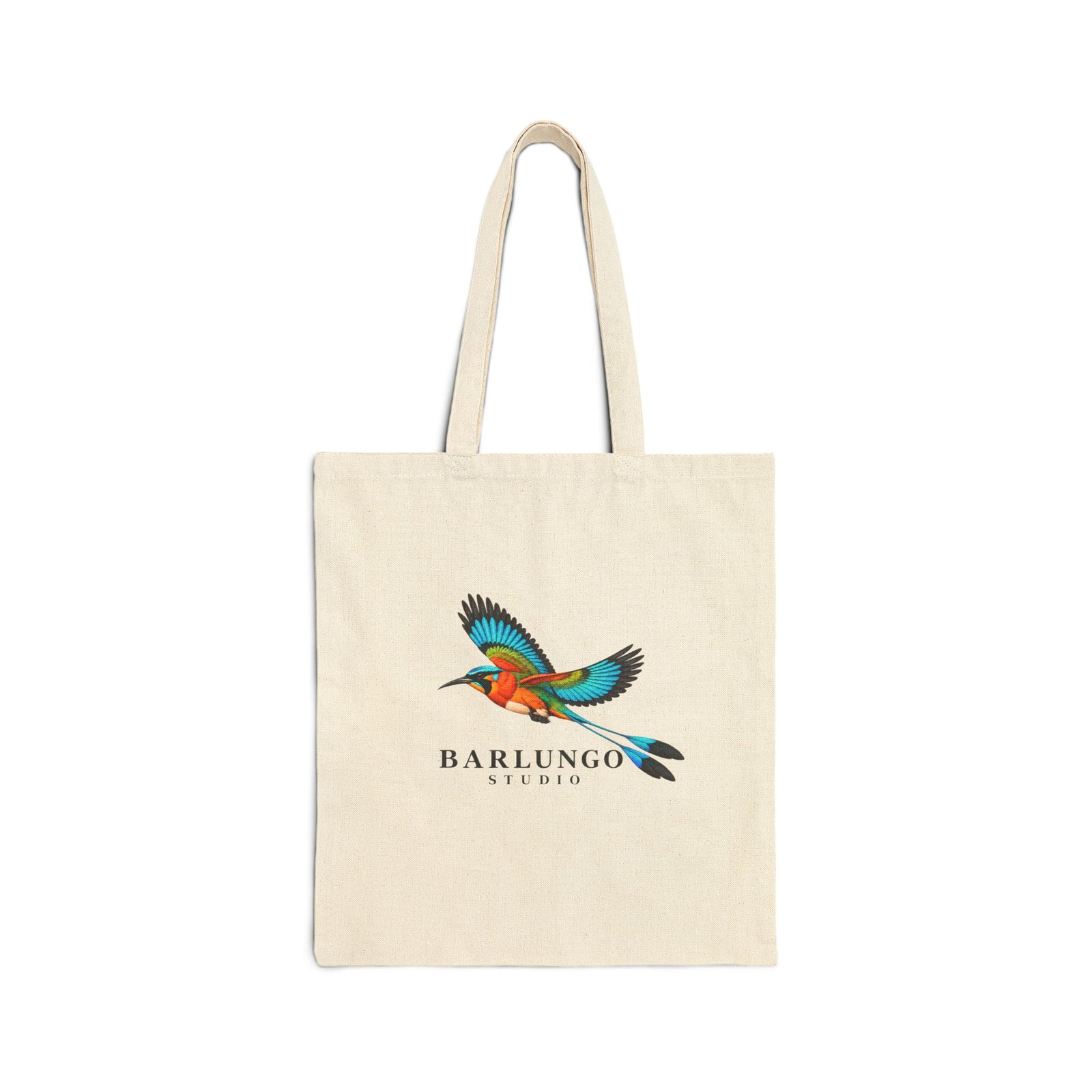 A natural cotton canvas tote bag with the Barlungo Studio guardabarranco printed across the chest, shown flat against white with both handles visible.