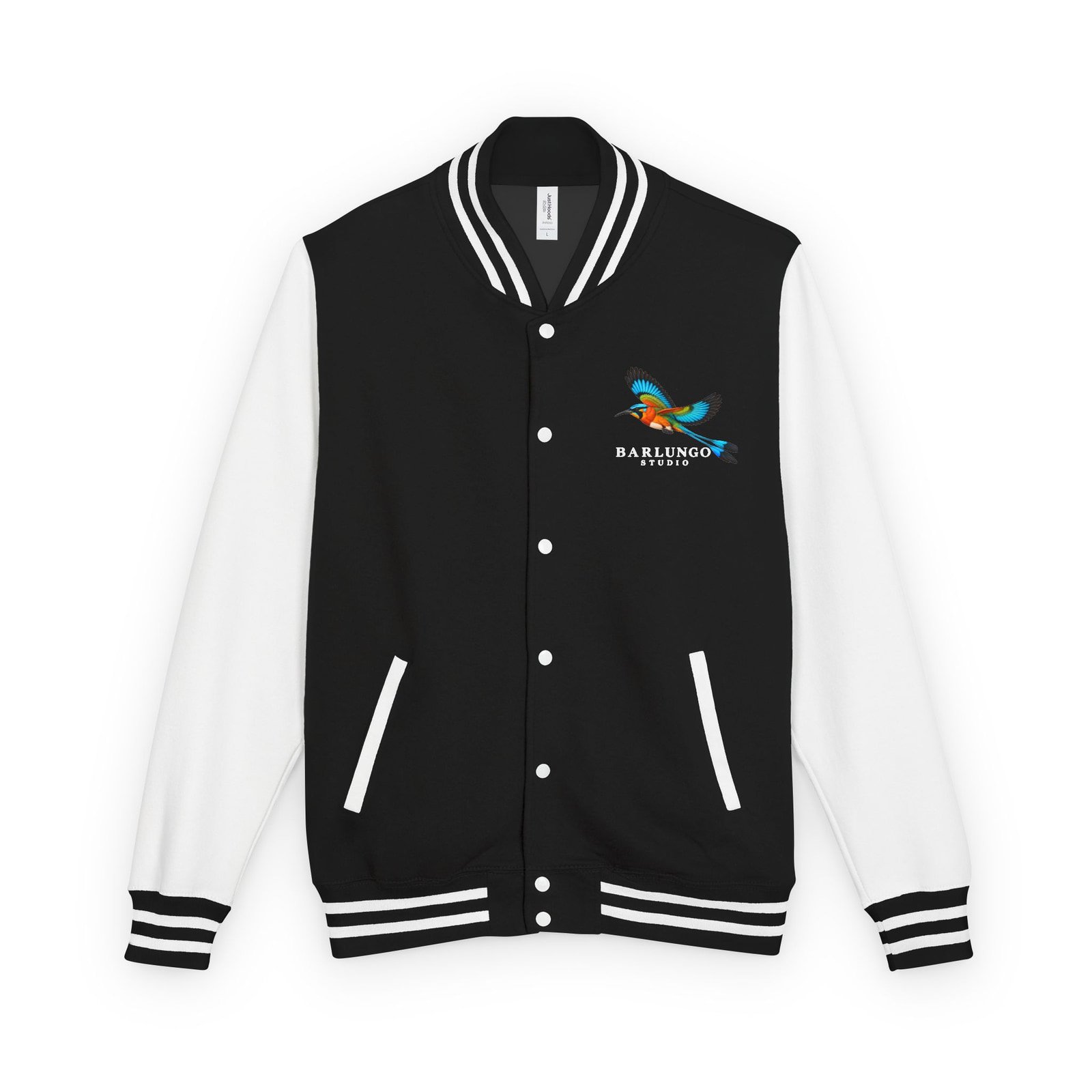 A black and white letterman jacket with the Barlungo Studio guardabarranco at the left chest, shown flat against white.