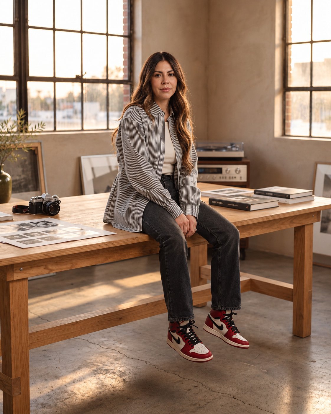 TUA, co-founder and creative director of Barlungo Studio, sitting on the edge of a long wooden worktable in a sunlit loft, a film camera and a contact sheet beside her, a turntable and framed prints behind.